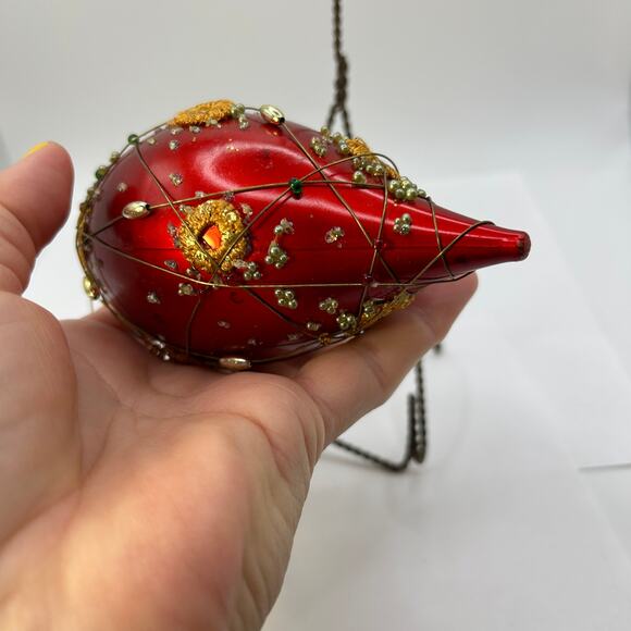 Vintage Red Glass Christmas Ornament Pin and Beaded Sequin Ornament Wire Wrap - Picture 2 of 11